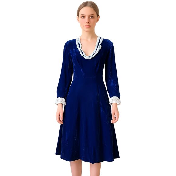 Vintage Blue Velvet Cottage Prairie Romantic Midi Dress   Women's Size Small - Picture 1 of 9